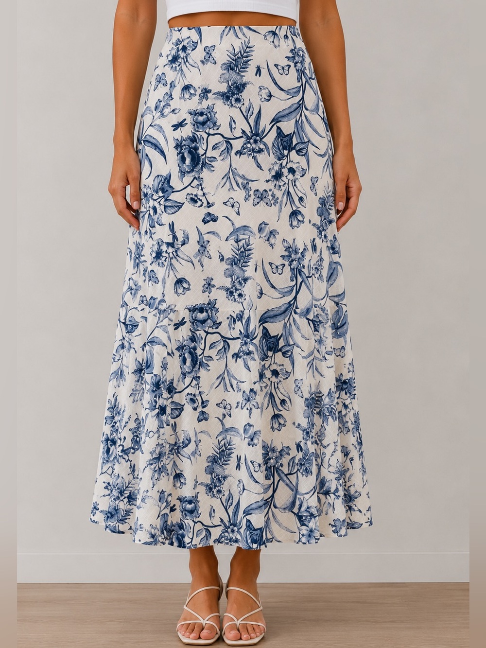 Haver + Blair Blue White Floral Maxi Skirt Tiered Flowy Boho XL NWOT